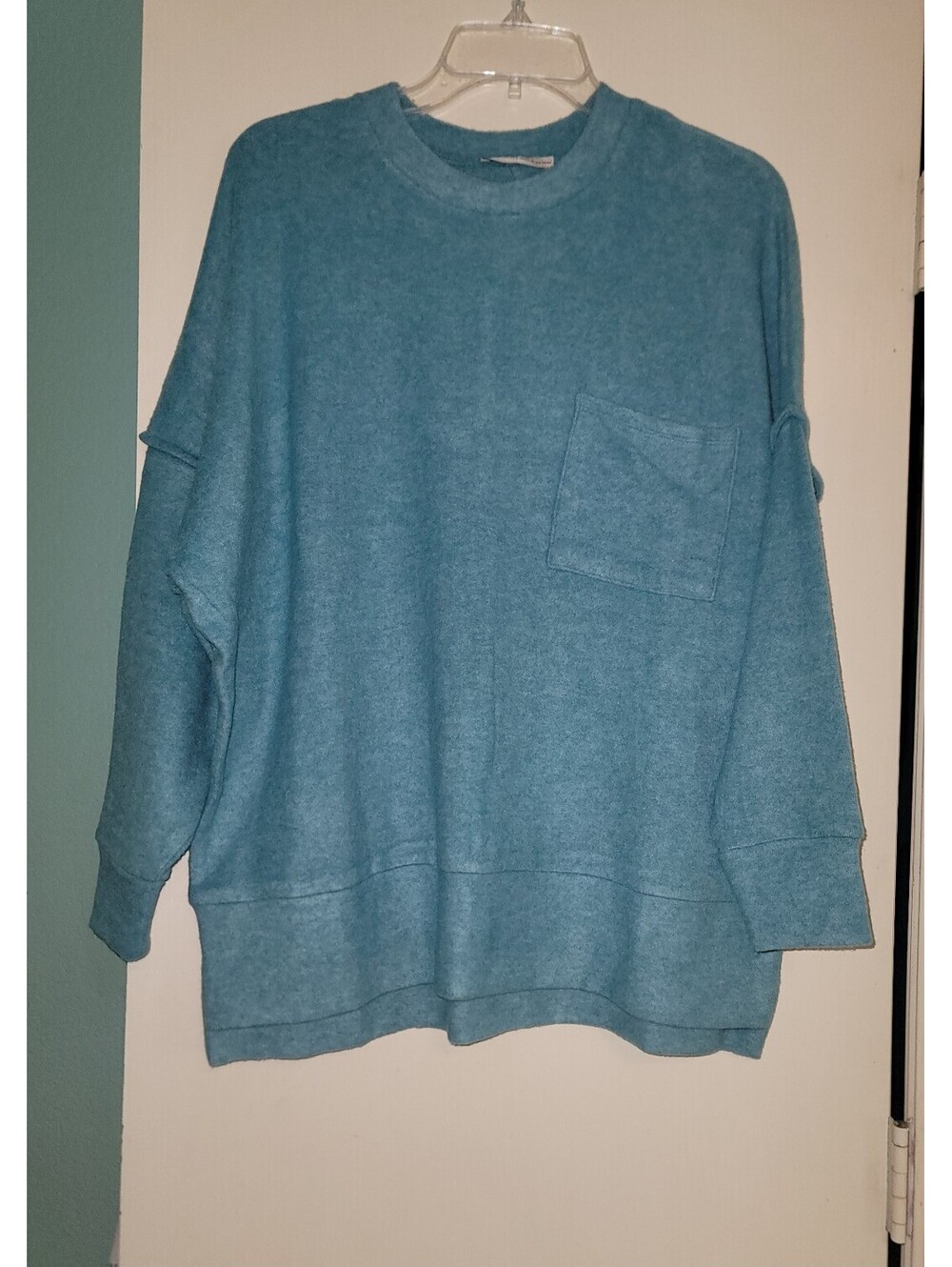 Zenana Oversized Tunic Sweatshirt S/M Teal Blue Pocket Exposed Seam Soft Knit